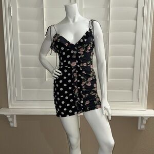 For Love And Lemons Mochi Shirred Mini Dress Black Floral Polka Print Noir Roses